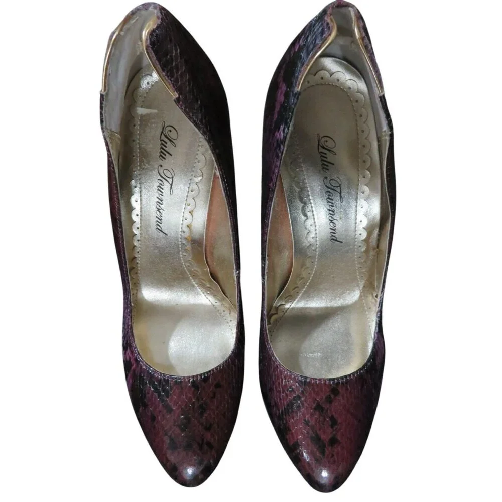 Lulu Townsend Purple & Black Python Embossed Leather Platform Stiletto Heels 7